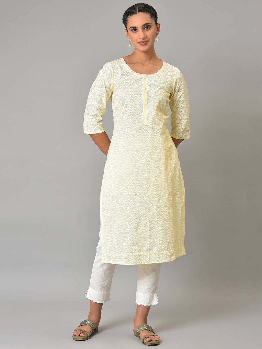 Yellow Printed Cotton Kurta | KDG - view 6
