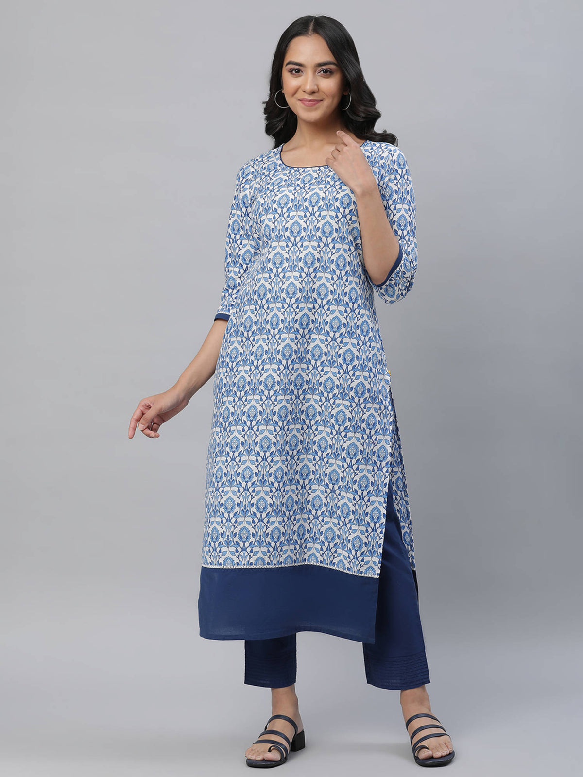 White Straight Indigo Floral Print Kurta | FY93 - view 2