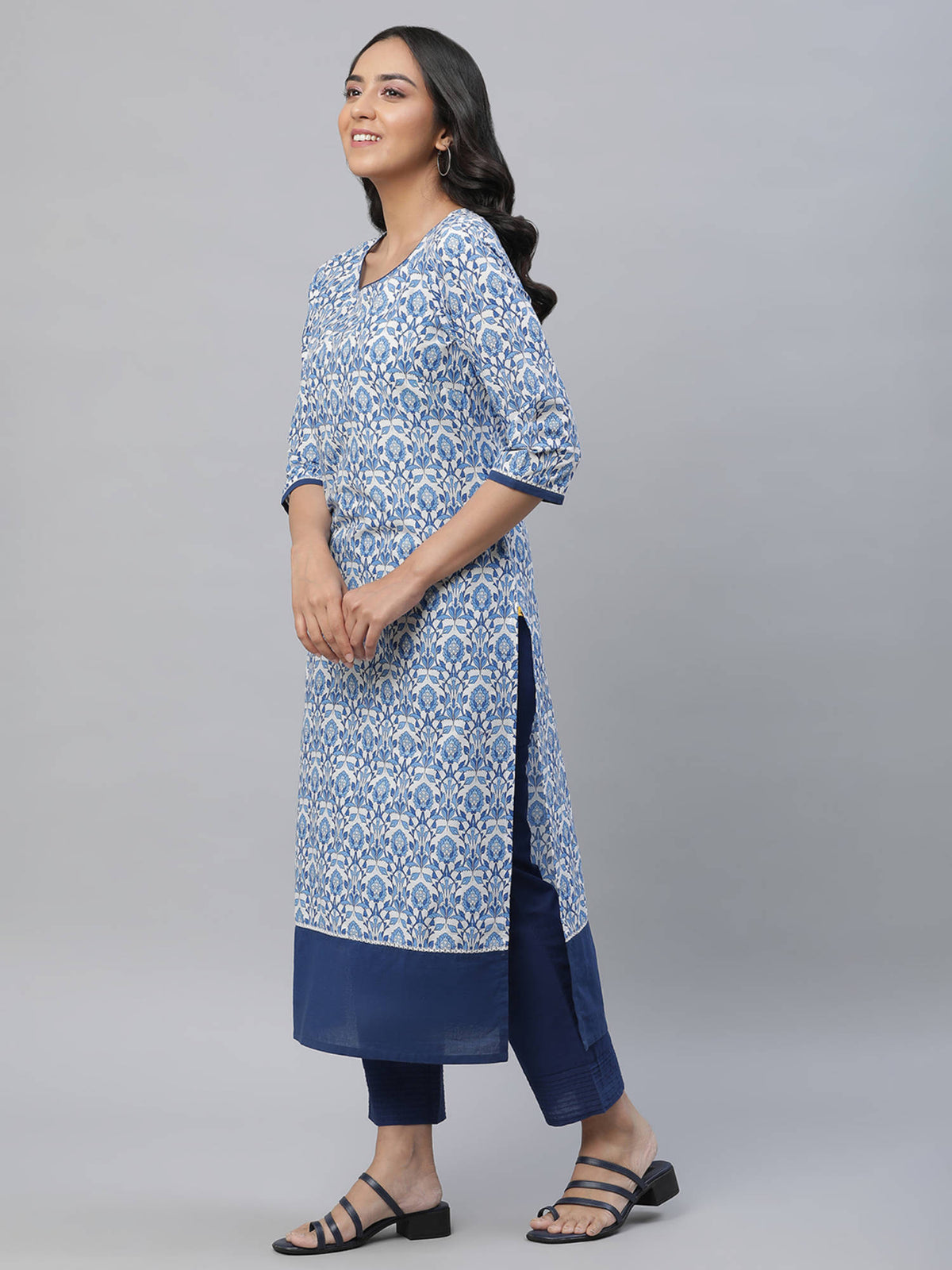 White Straight Indigo Floral Print Kurta | FY93 - view 3