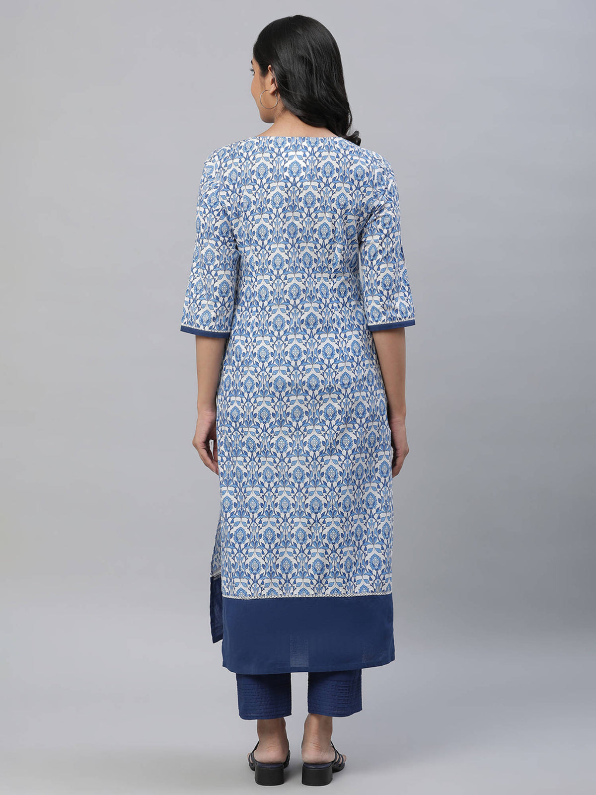 White Straight Indigo Floral Print Kurta | FY93 - view 4