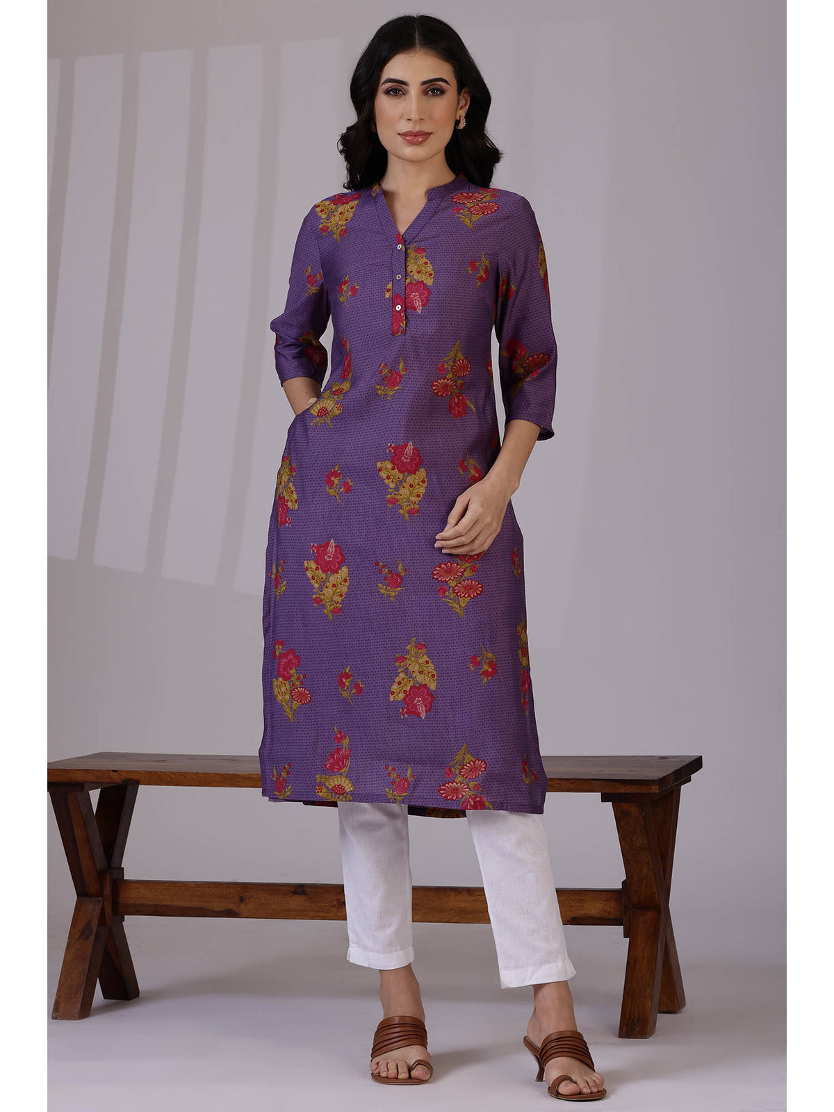 Purple Floral Printed Mandarin Collar Kurta | KDG - view 1