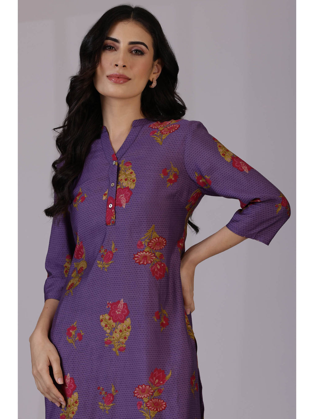 Purple Floral Printed Mandarin Collar Kurta | FY93 - view 2