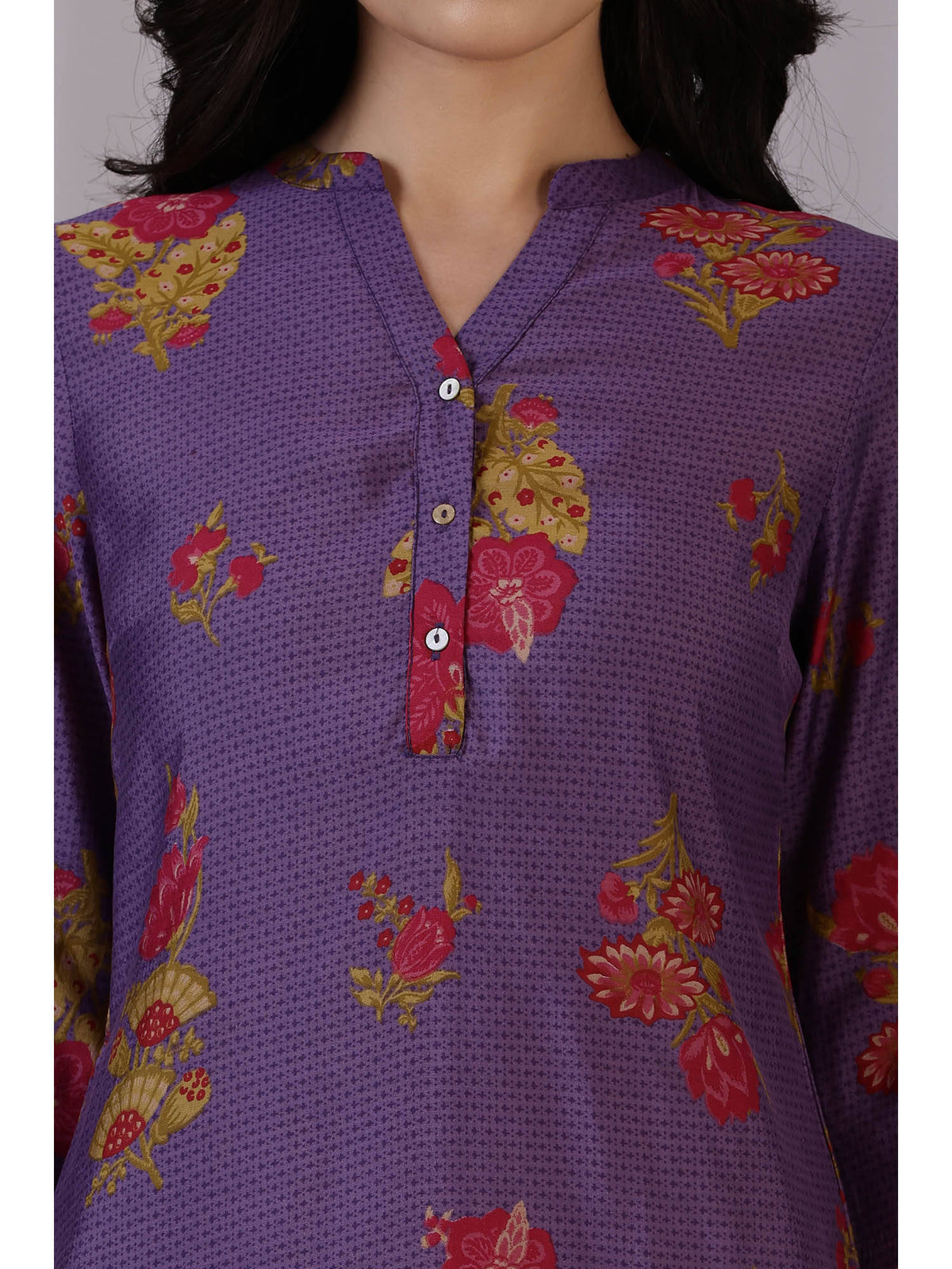 Purple Floral Printed Mandarin Collar Kurta | KDG - view 3