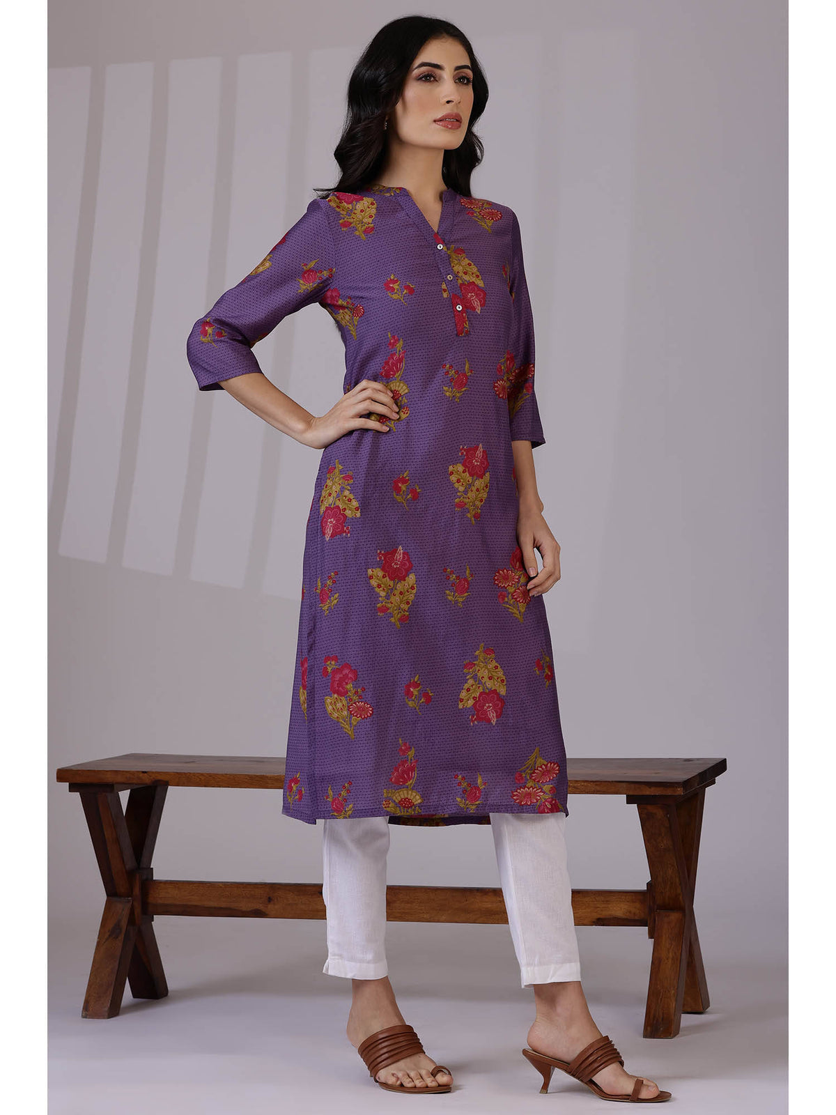 Purple Floral Printed Mandarin Collar Kurta | KDG - view 4