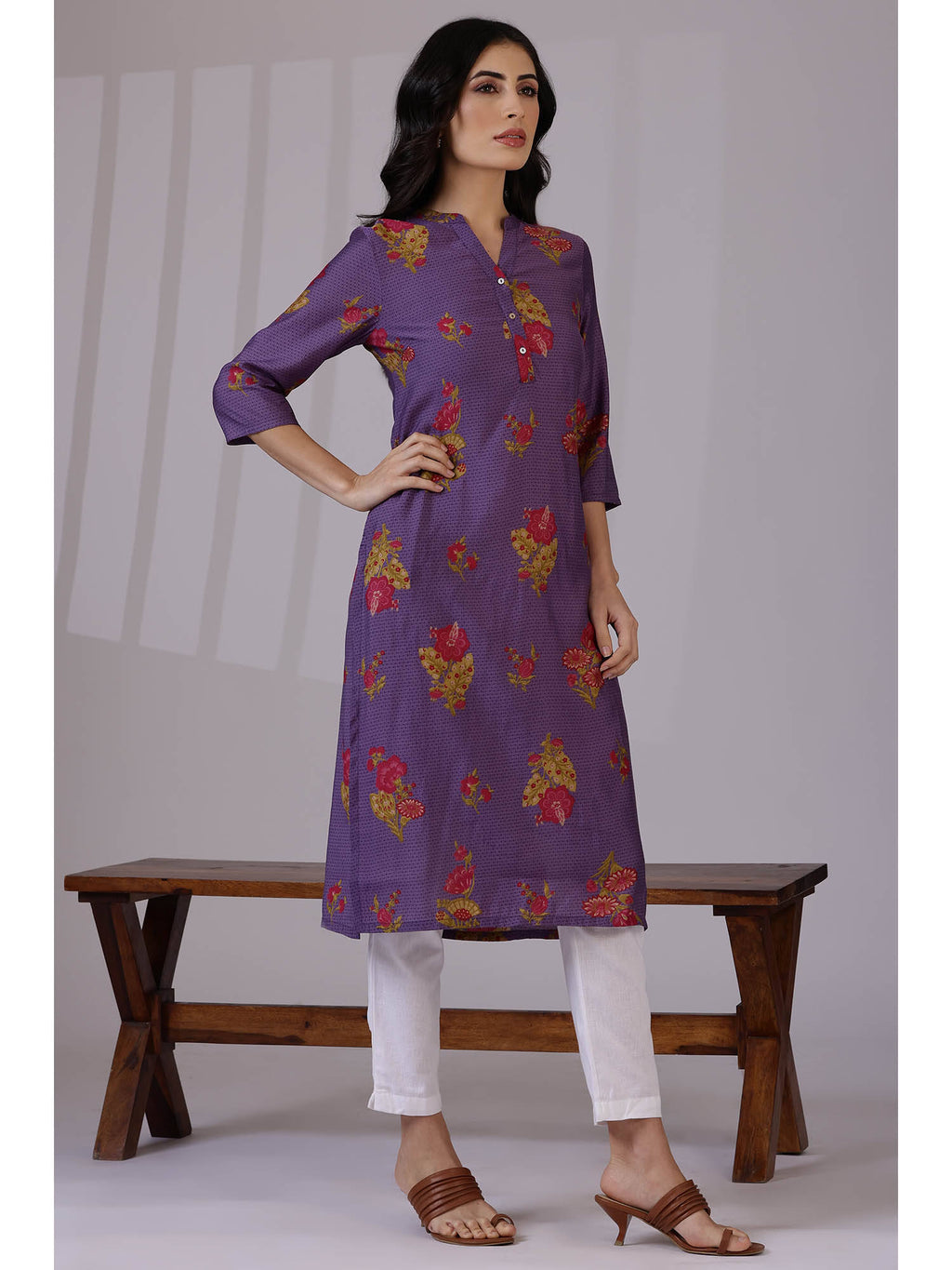 Purple Floral Printed Mandarin Collar Kurta | FY93 - view 4