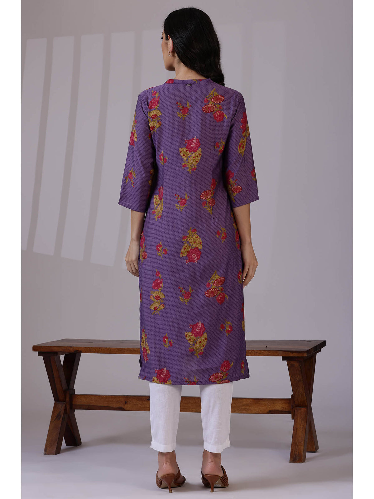 Purple Floral Printed Mandarin Collar Kurta | KDG - view 5