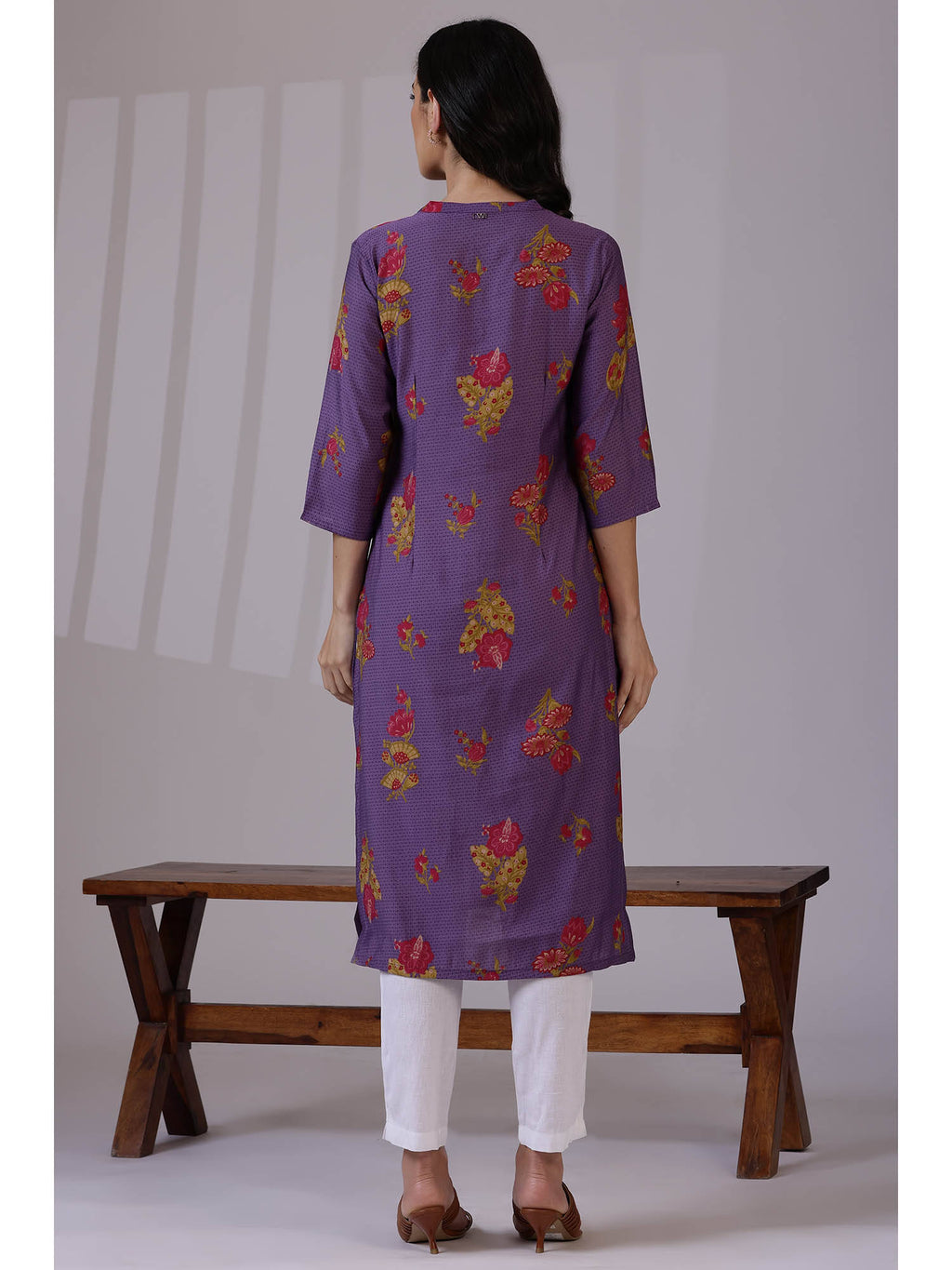 Purple Floral Printed Mandarin Collar Kurta | FY93 - view 5