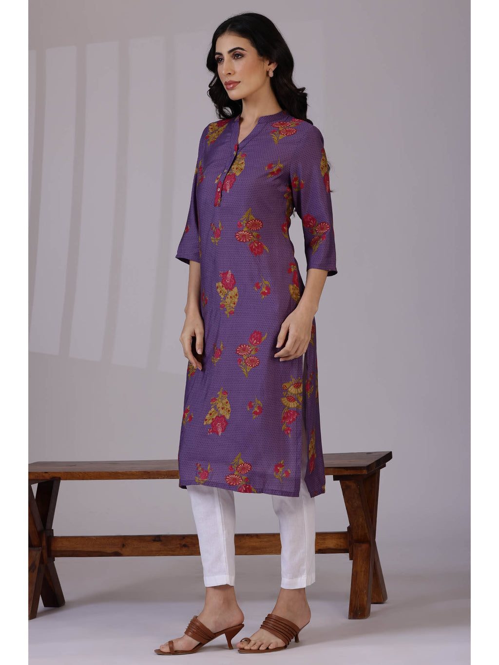 Purple Floral Printed Mandarin Collar Kurta | FY93 - view 6