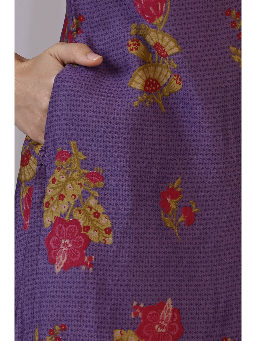 Purple Floral Printed Mandarin Collar Kurta | KDG - view 7