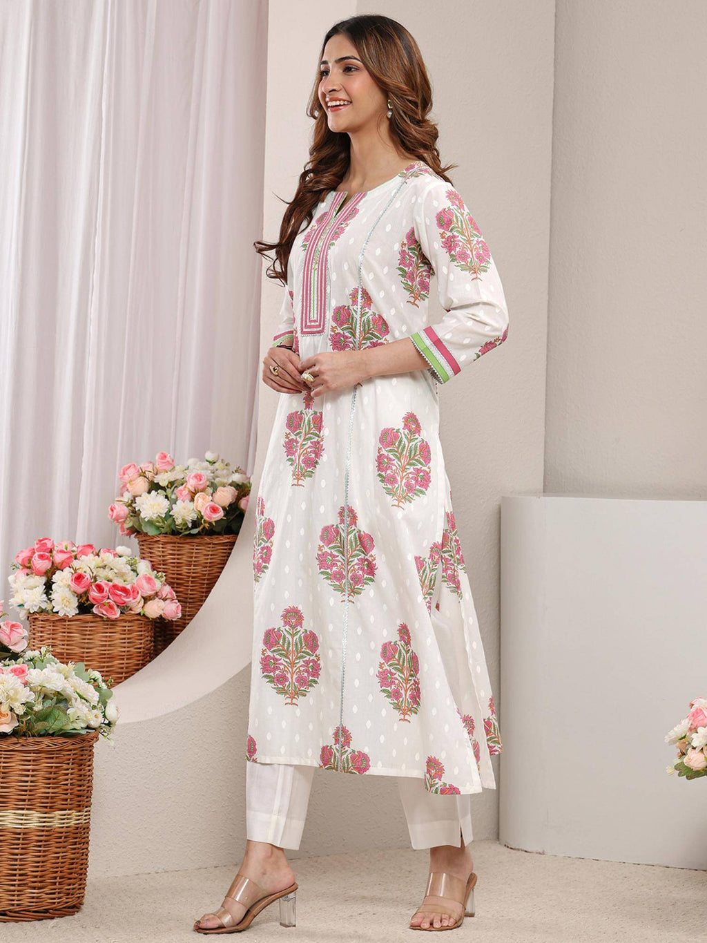Blue Floral Printed Gotta Patti A-Line Kurta | U3S - view 10