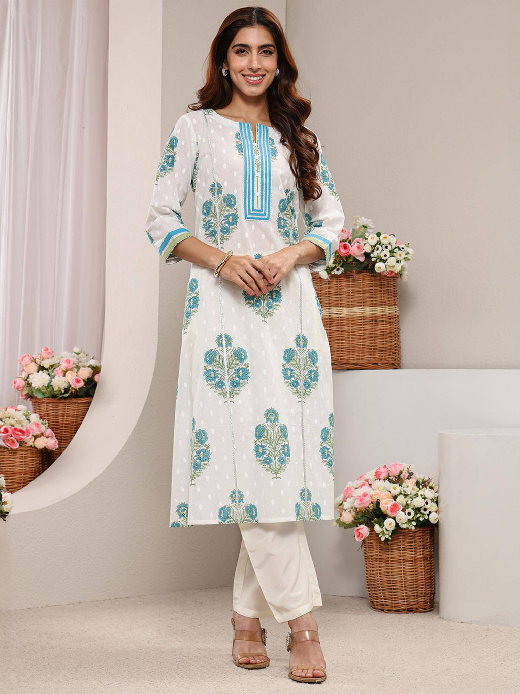 Blue Floral Printed Gotta Patti A-Line Kurta | U3S - view 1