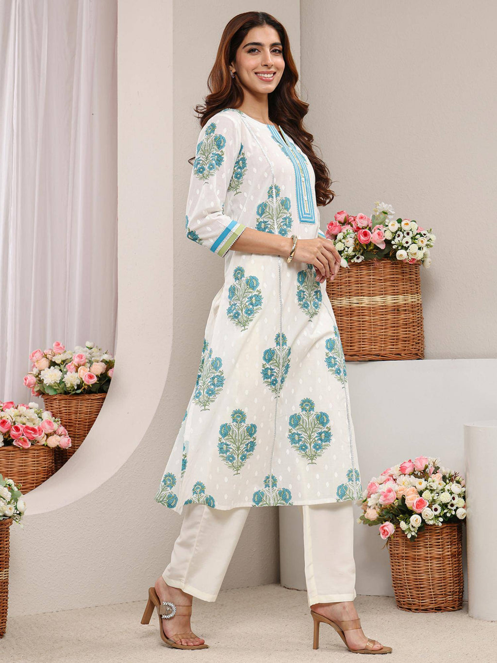 Blue Floral Printed Gotta Patti A-Line Kurta | FY93 - view 3