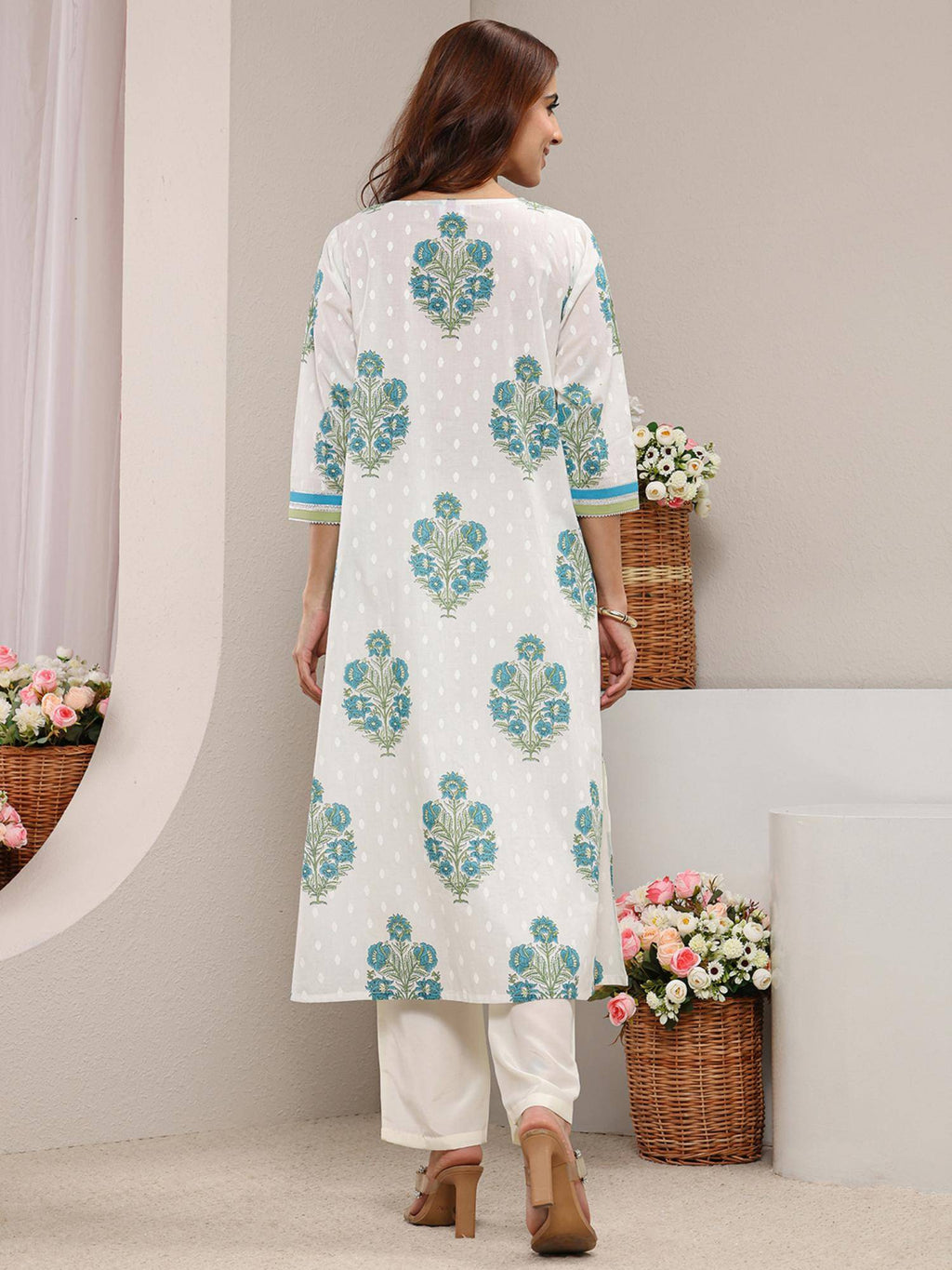 Blue Floral Printed Gotta Patti A-Line Kurta | U3S - view 4