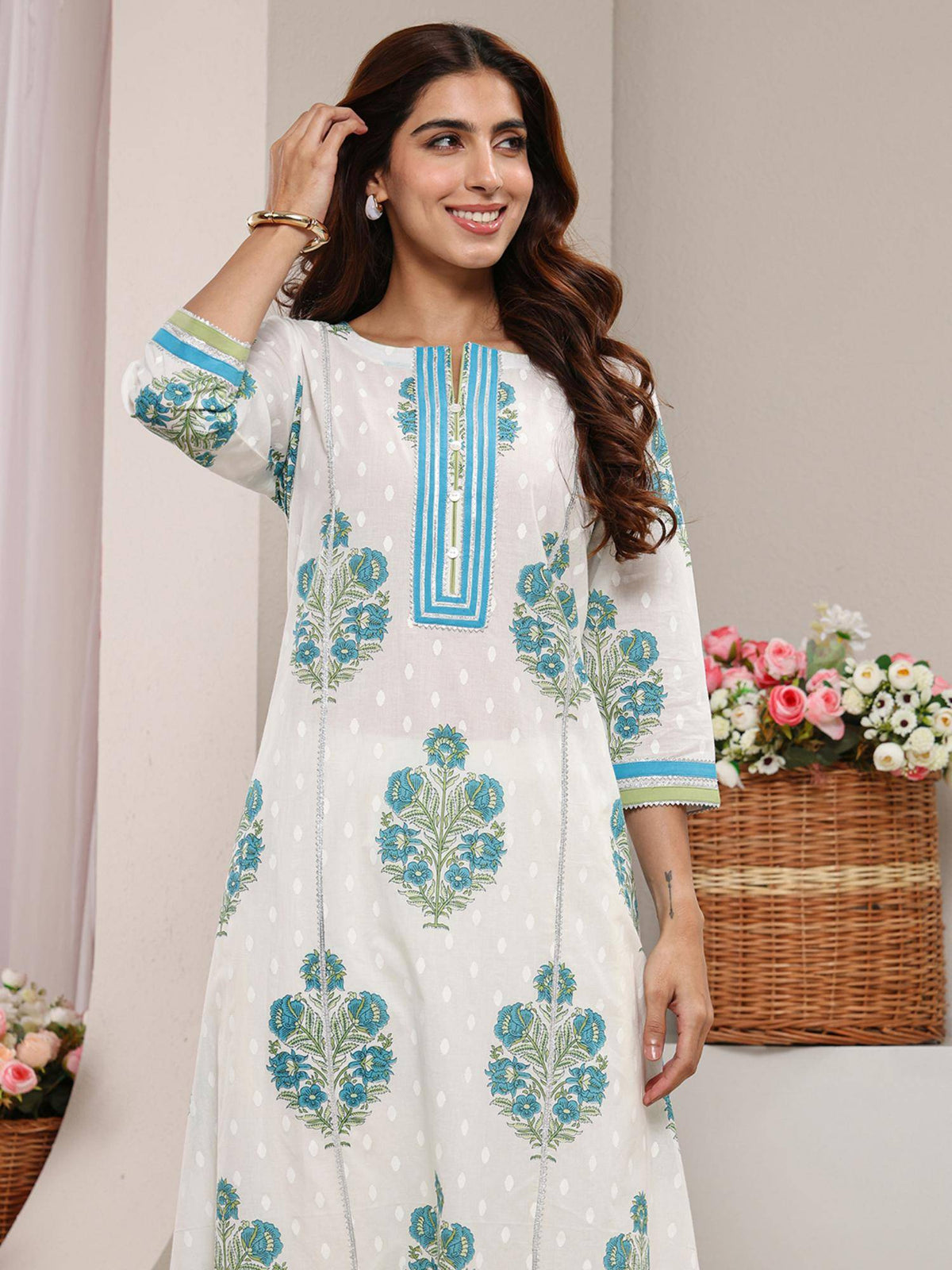 Blue Floral Printed Gotta Patti A-Line Kurta | U3S - view 5