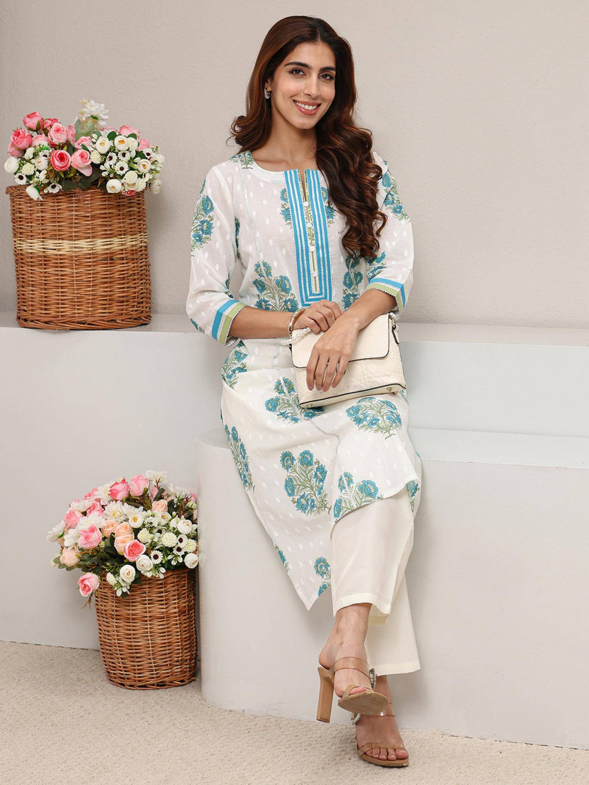 Blue Floral Printed Gotta Patti A-Line Kurta | U3S - view 6
