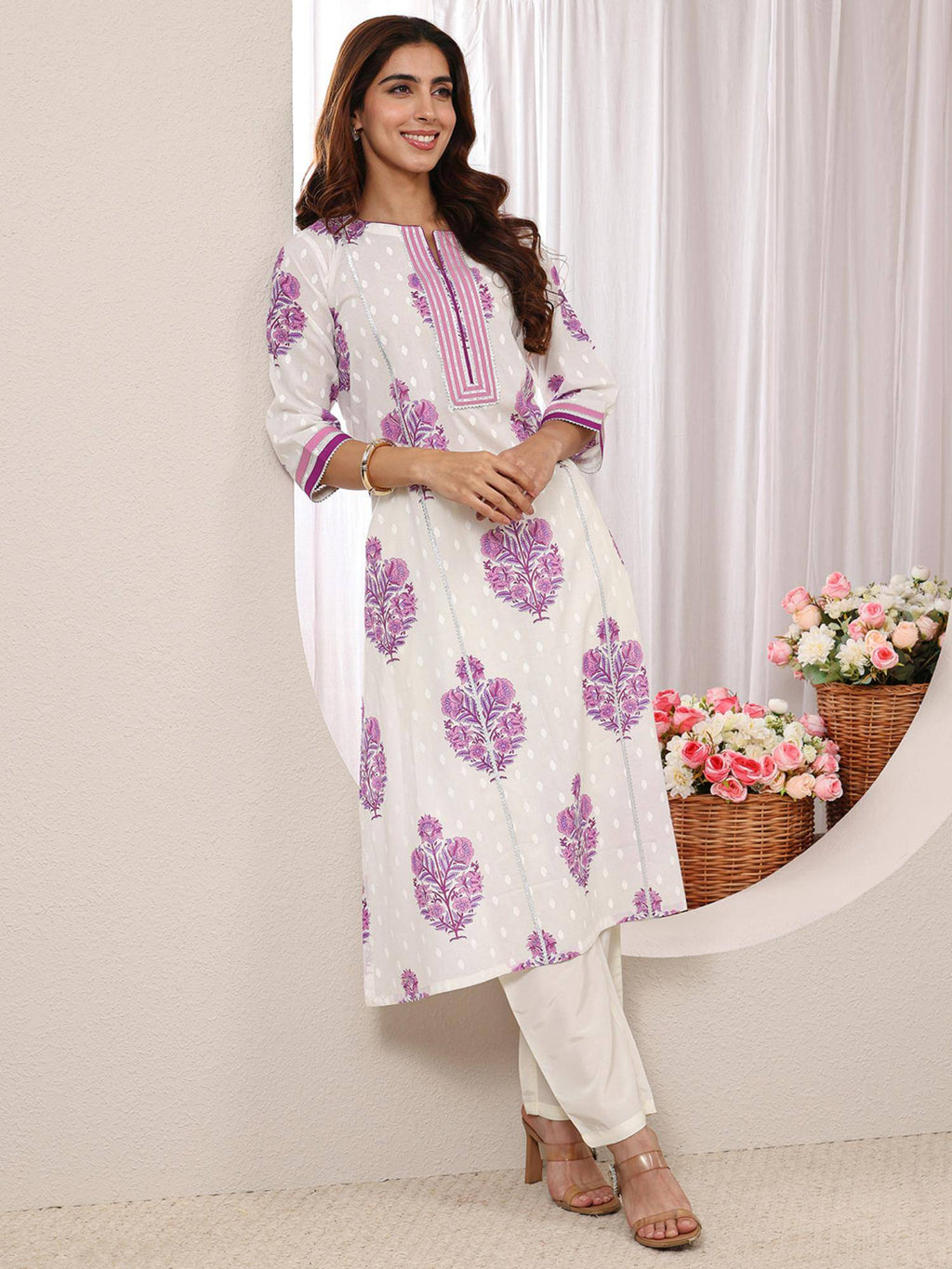 Blue Floral Printed Gotta Patti A-Line Kurta | FY93 - view 15