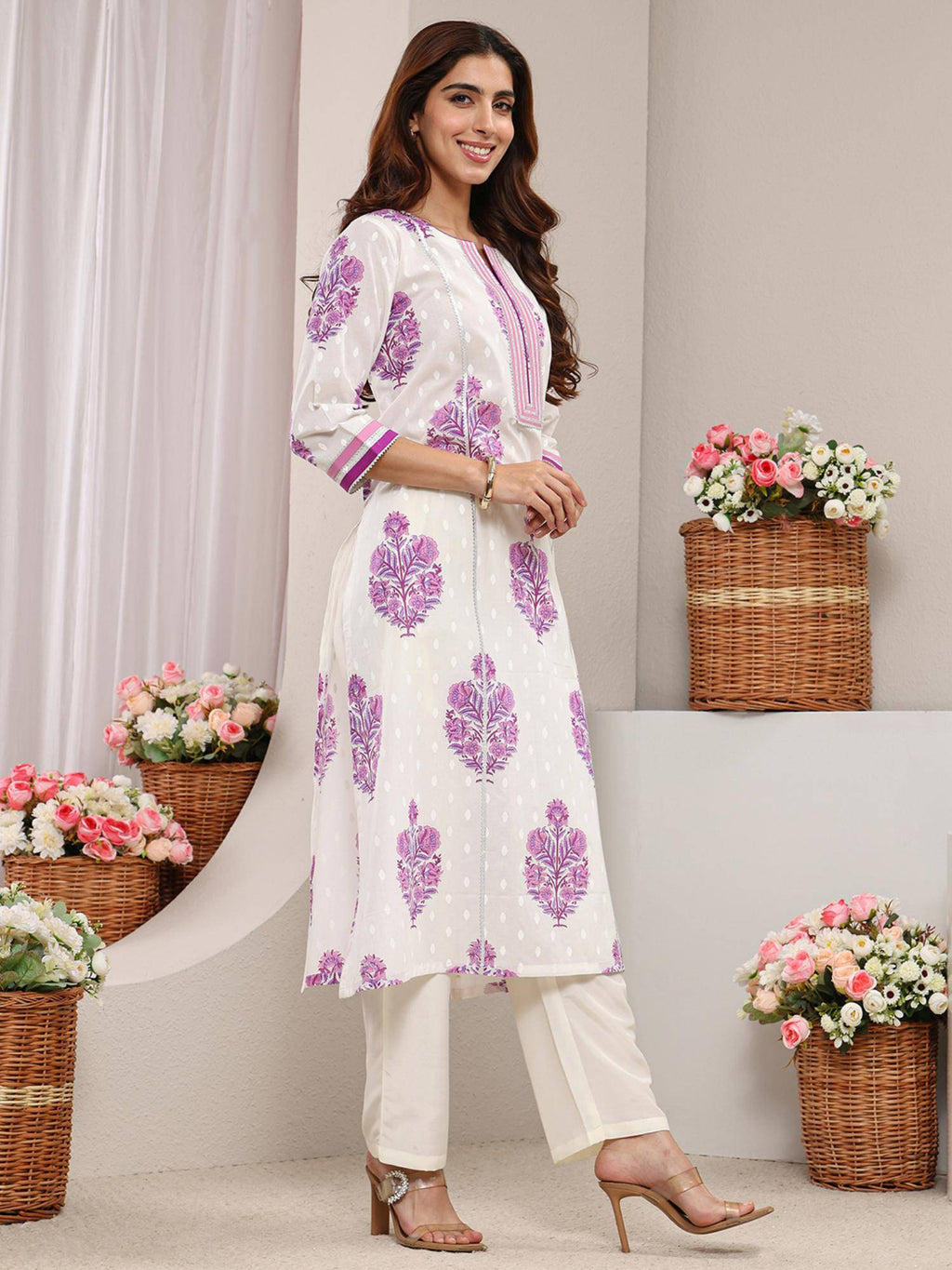 Blue Floral Printed Gotta Patti A-Line Kurta | U3S - view 16