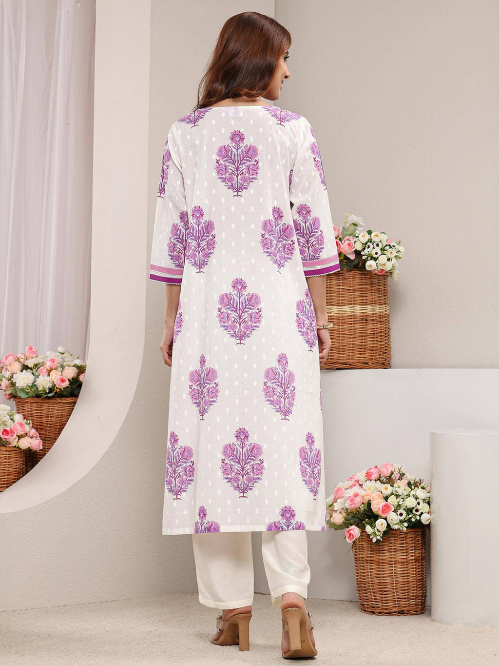 Blue Floral Printed Gotta Patti A-Line Kurta | U3S - view 17