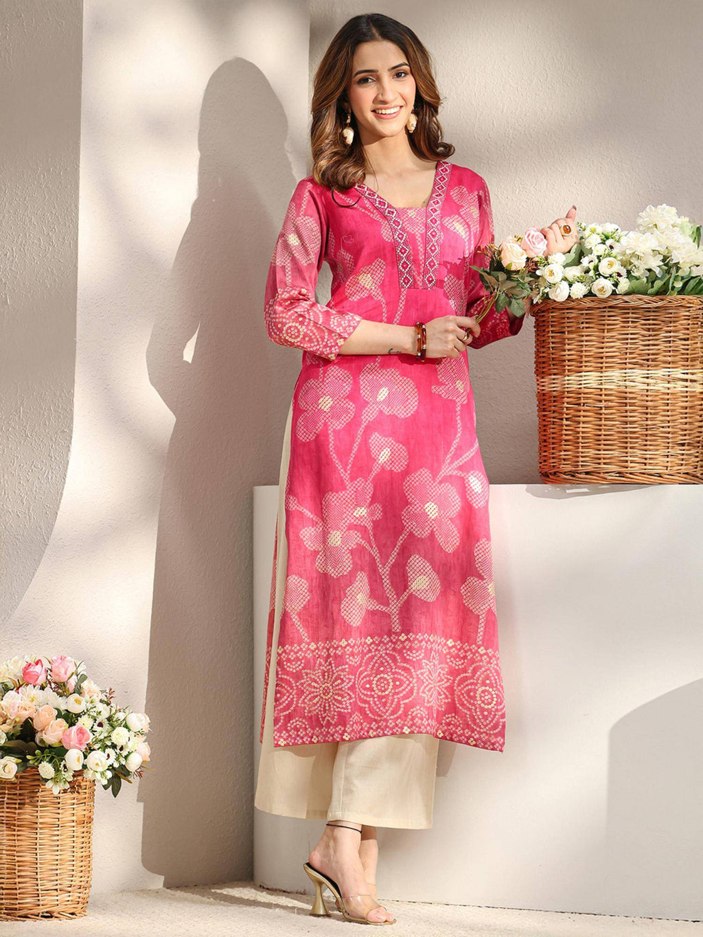 Green Floral Bandhani Printed Straight Kurta | FY93 - view 8