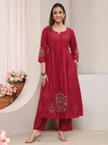 Red Floral Embroidered Pintuck A-Line Kurta with Pocket | KDG - view 1