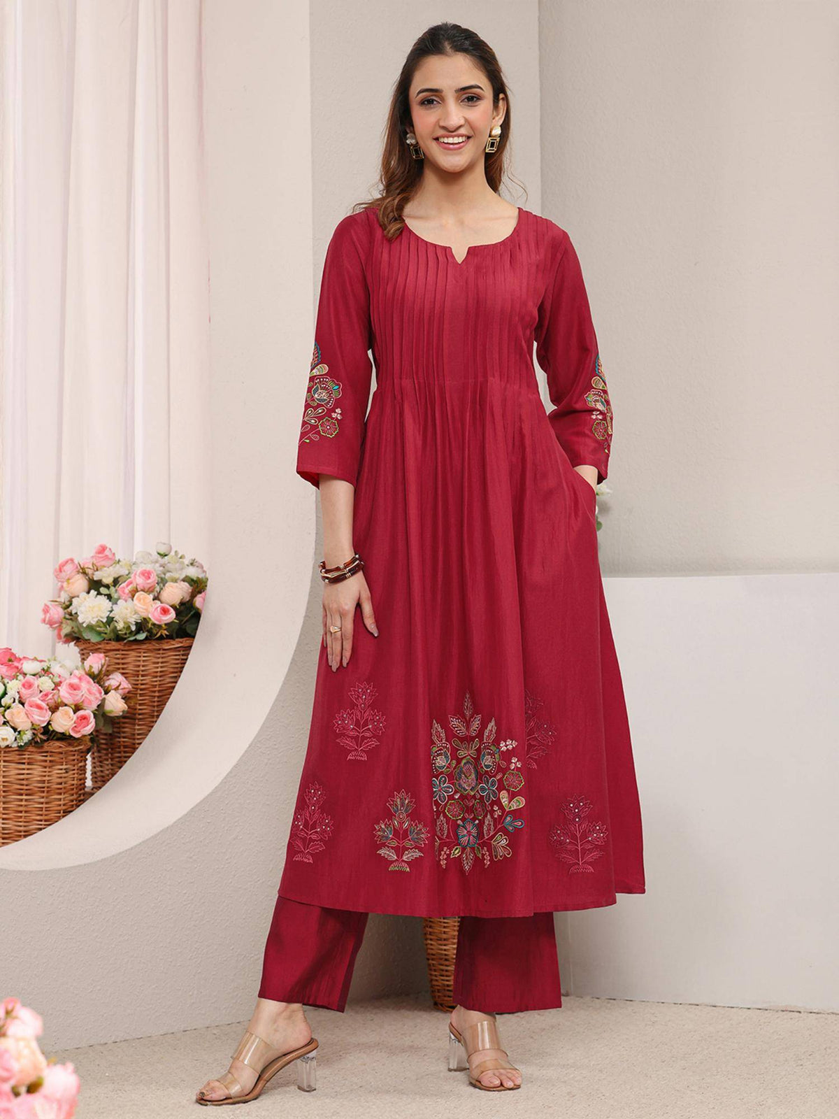 Red Floral Embroidered Pintuck A-Line Kurta with Pocket | KDG - view 1