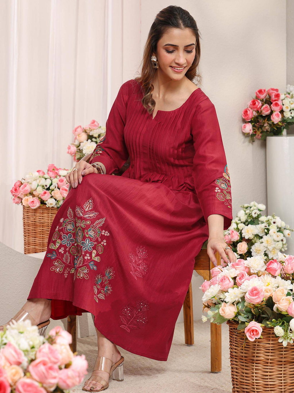 Red Floral Embroidered Pintuck A-Line Kurta with Pocket | KDG - view 2
