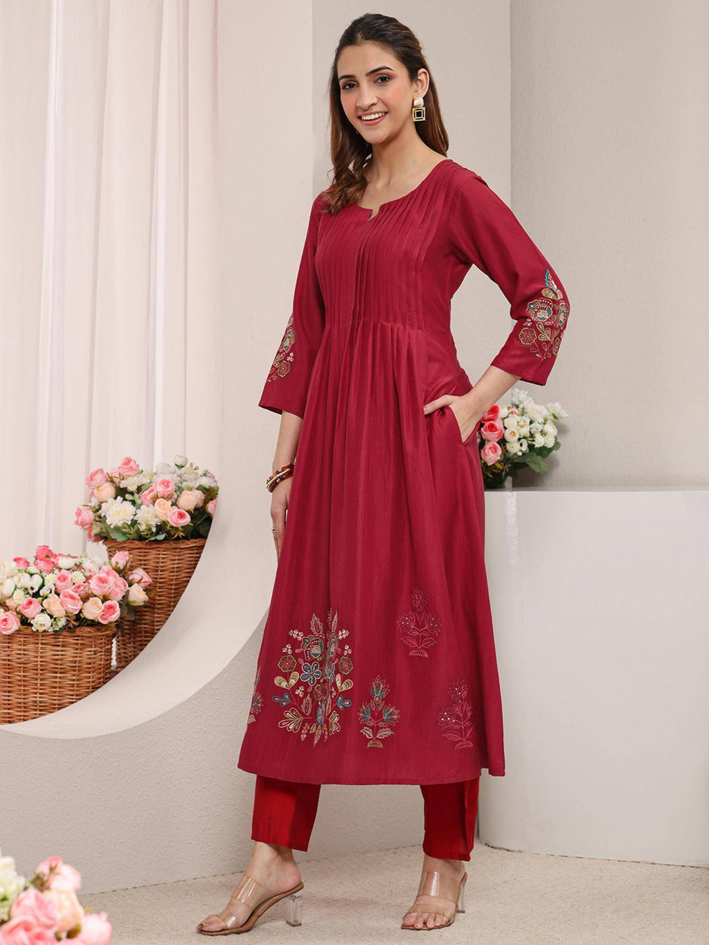Red Floral Embroidered Pintuck A-Line Kurta with Pocket | KDG - view 3
