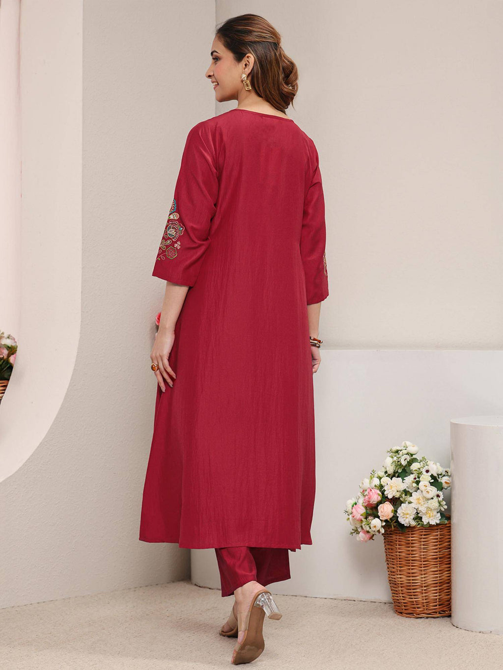 Red Floral Embroidered Pintuck A-Line Kurta with Pocket | KDG - view 4