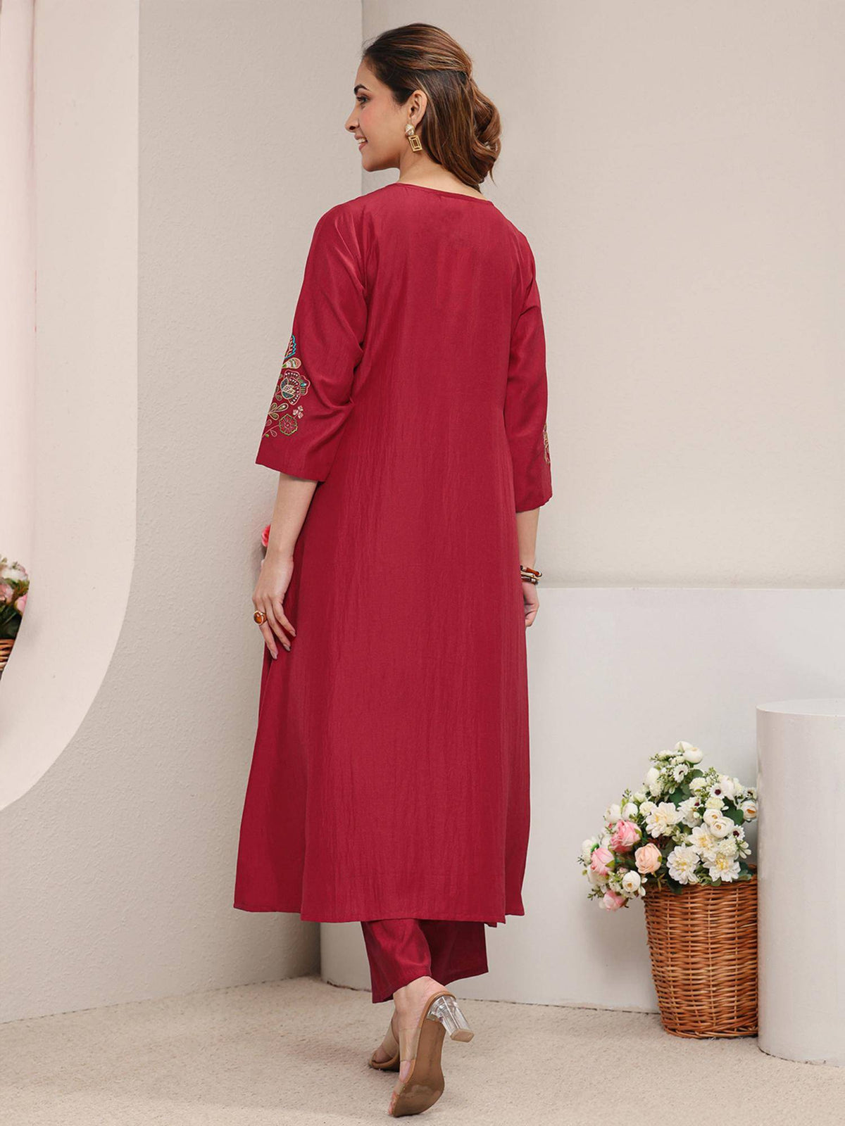 Red Floral Embroidered Pintuck A-Line Kurta with Pocket | KDG - view 4