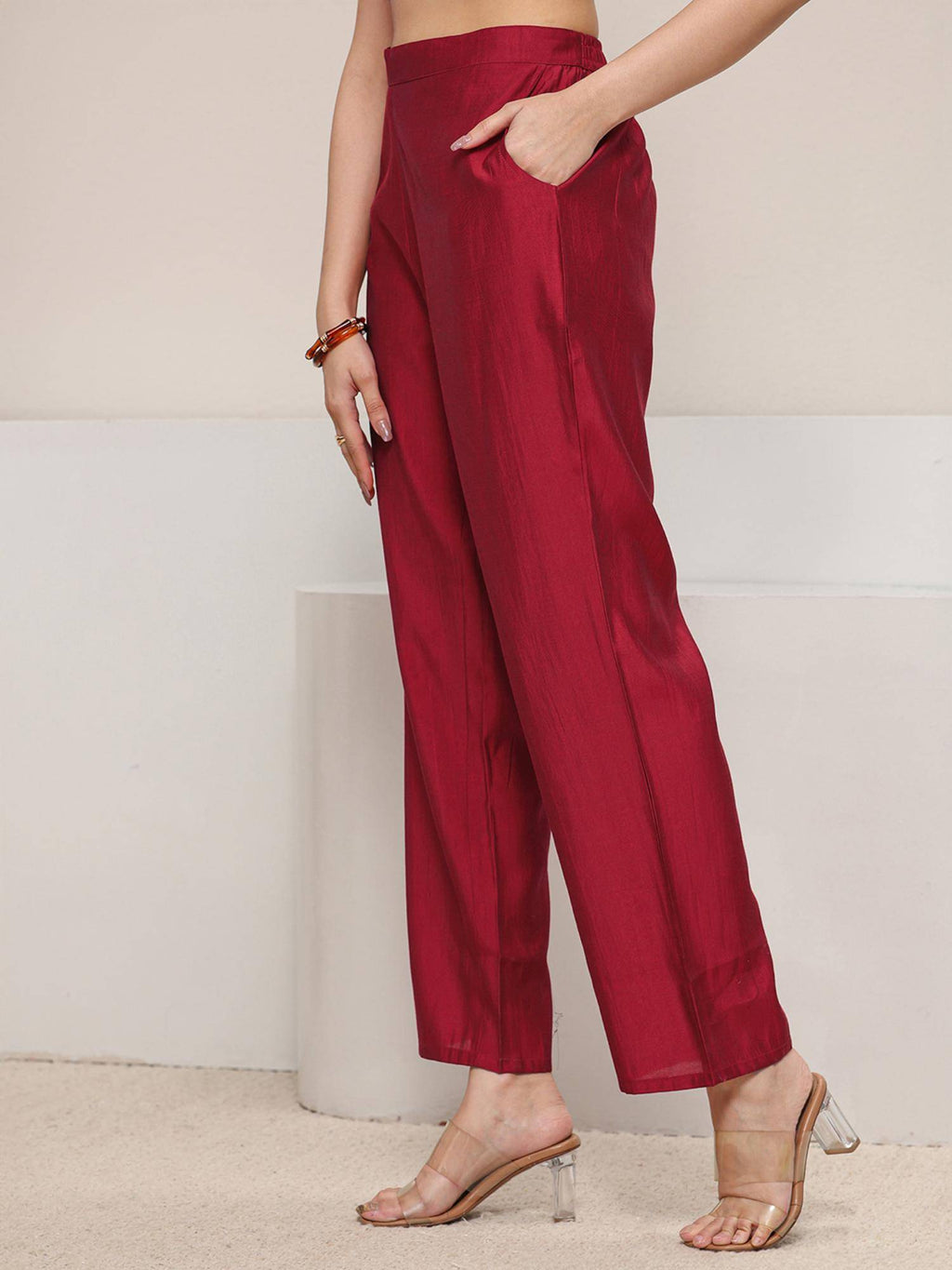 Red Floral Embroidered Pintuck A-Line Kurta with Pocket | KDG - view 5