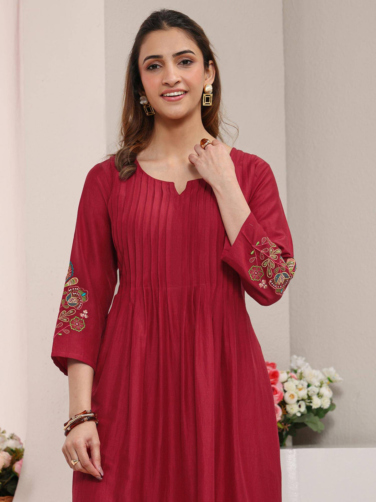 Red Floral Embroidered Pintuck A-Line Kurta with Pocket | KDG - view 6