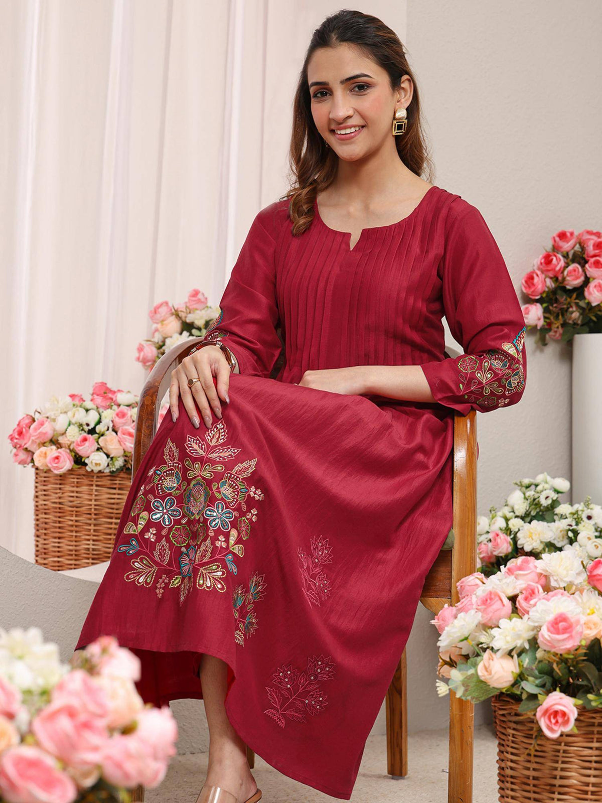 Red Floral Embroidered Pintuck A-Line Kurta with Pocket | KDG - view 7