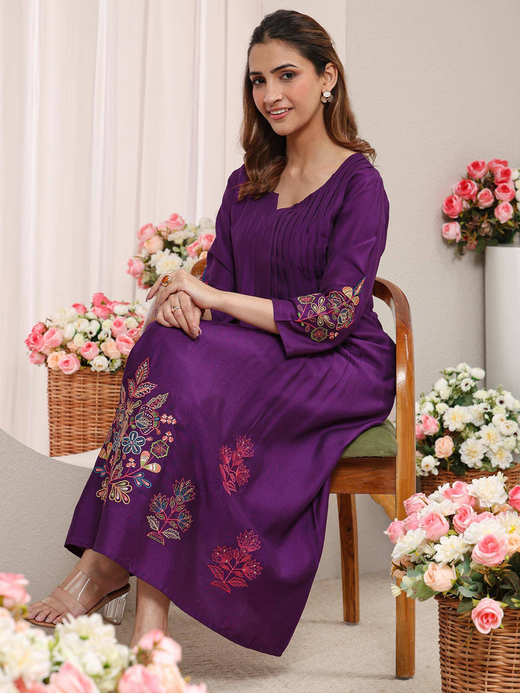 Red Floral Embroidered Pintuck A-Line Kurta with Pocket | KDG - view 10