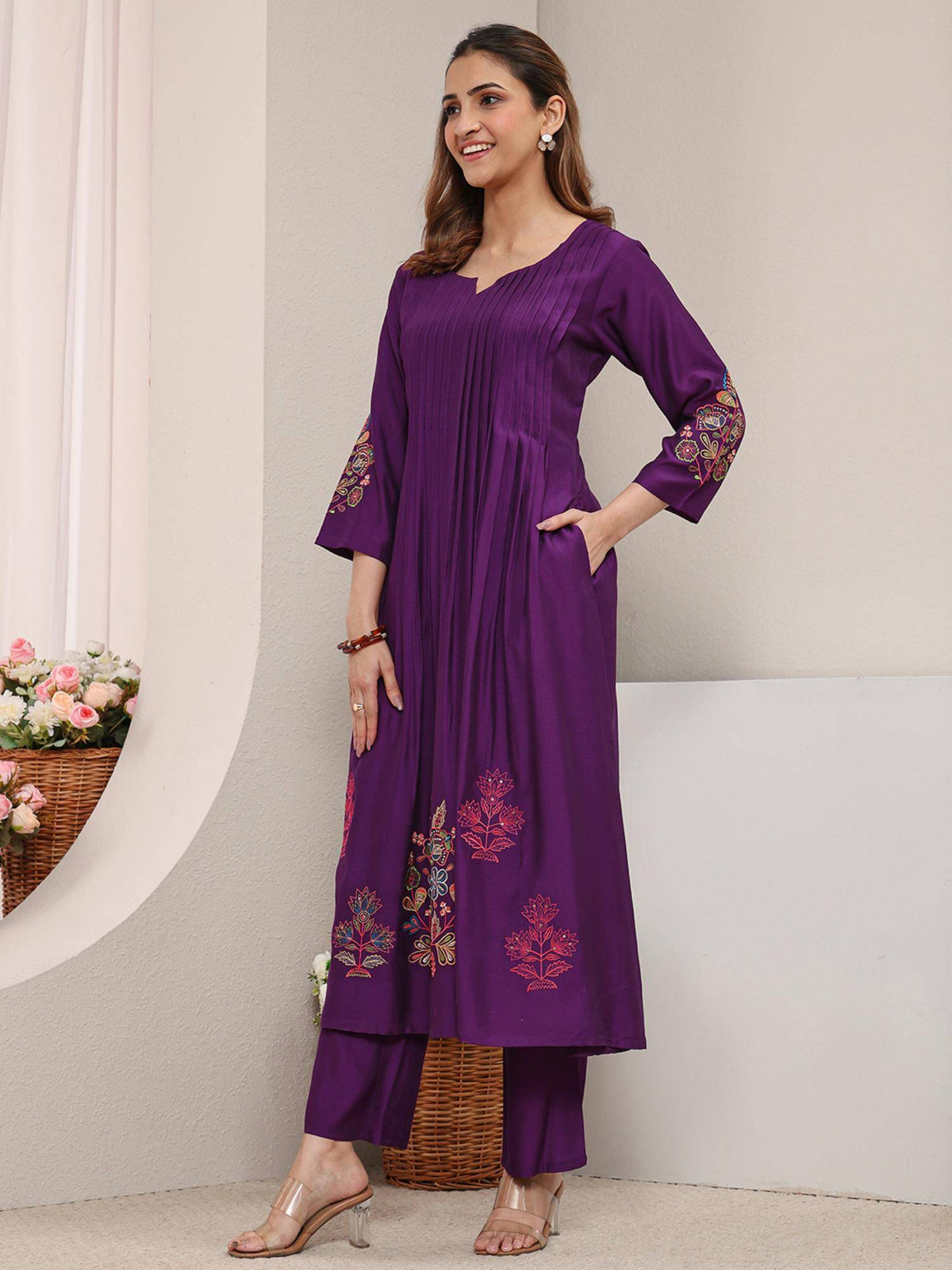 Red Floral Embroidered Pintuck A-Line Kurta with Pocket | KDG - view 11
