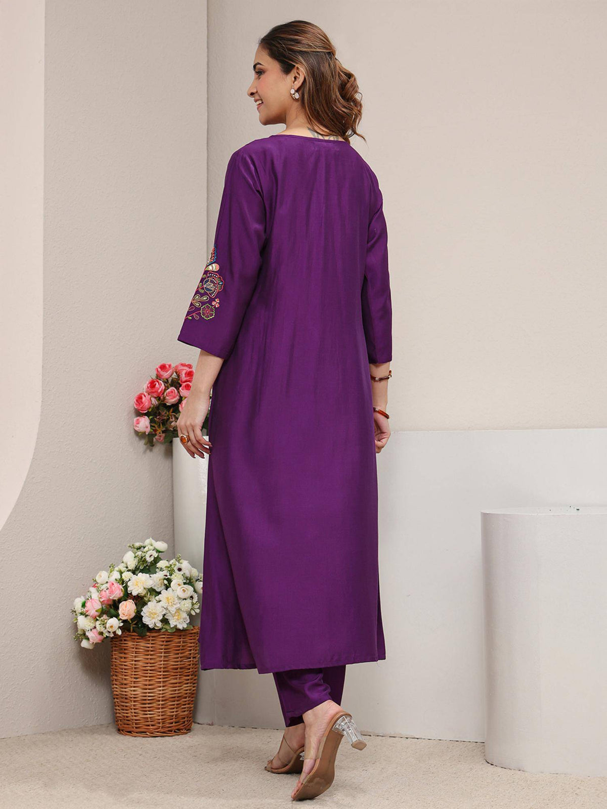 Red Floral Embroidered Pintuck A-Line Kurta with Pocket | KDG - view 12