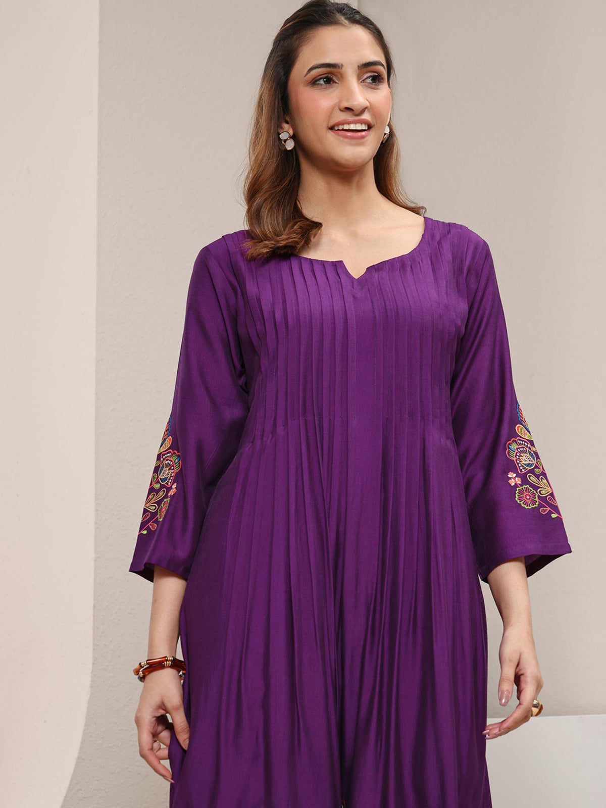 Red Floral Embroidered Pintuck A-Line Kurta with Pocket | KDG - view 14