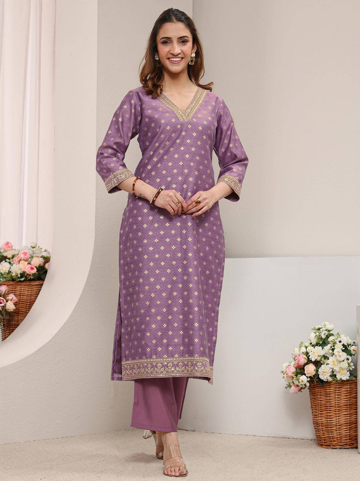 Mauve Ethnic Motif Zari Woven Design Straight Kurta with Lining | FY93 - view 2