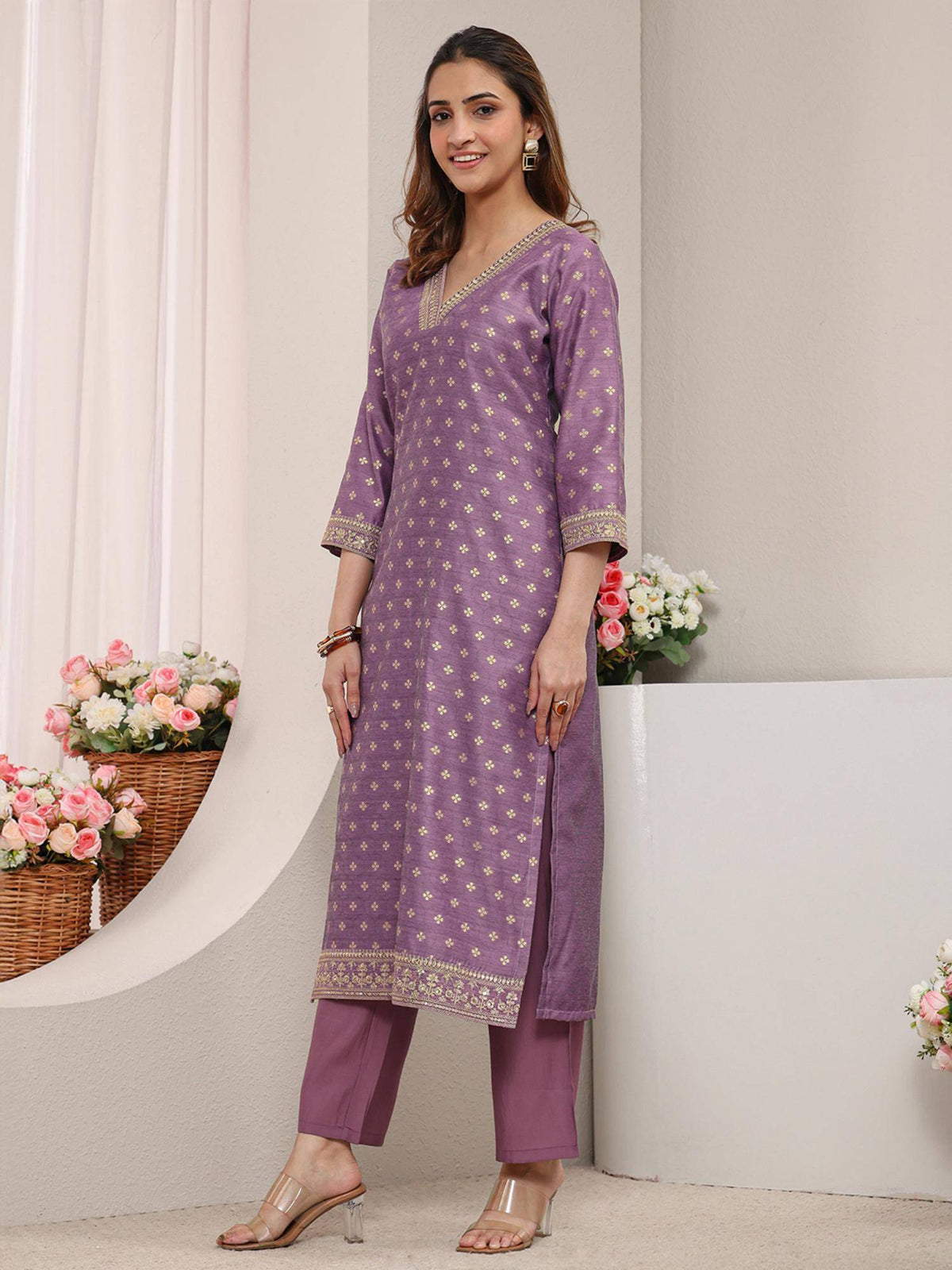 Mauve Ethnic Motif Zari Woven Design Straight Kurta with Lining | U3S - view 3