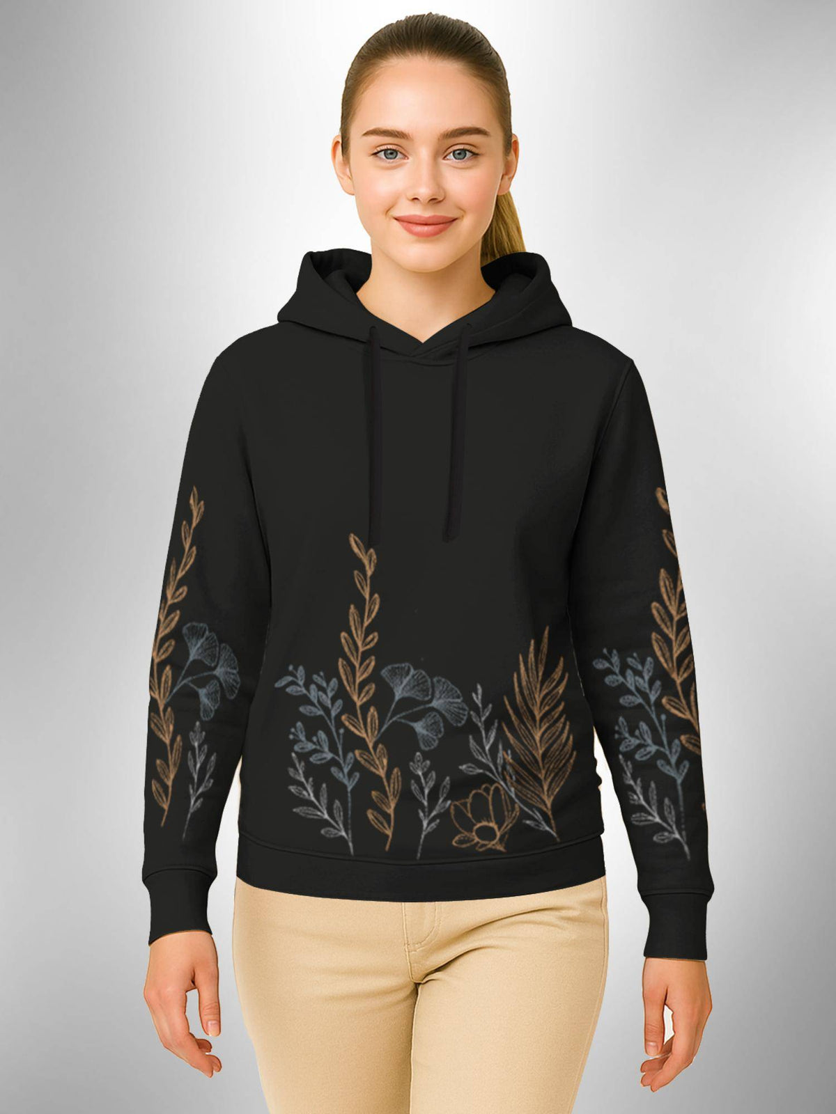Women Black Cotton Blend Floral Regular Fit Hoodie | SS90 - view 1