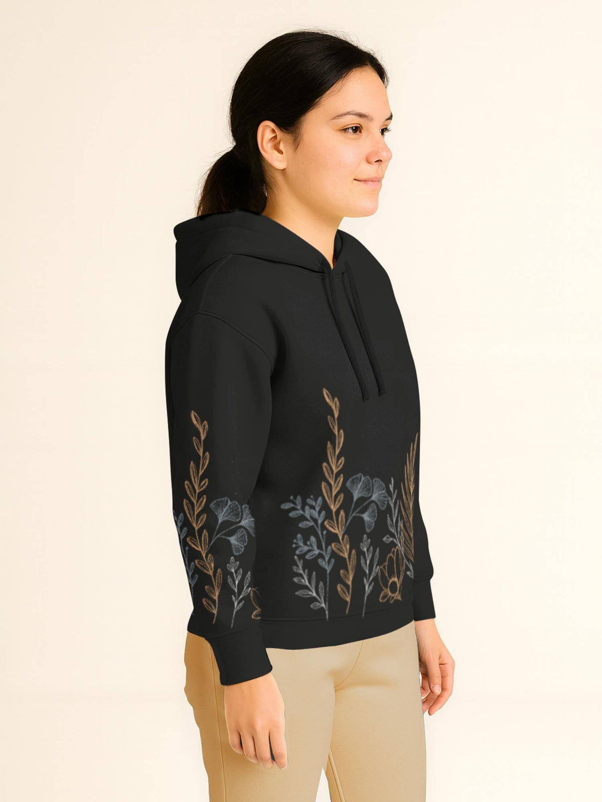Women Black Cotton Blend Floral Regular Fit Hoodie | SS90 - view 4