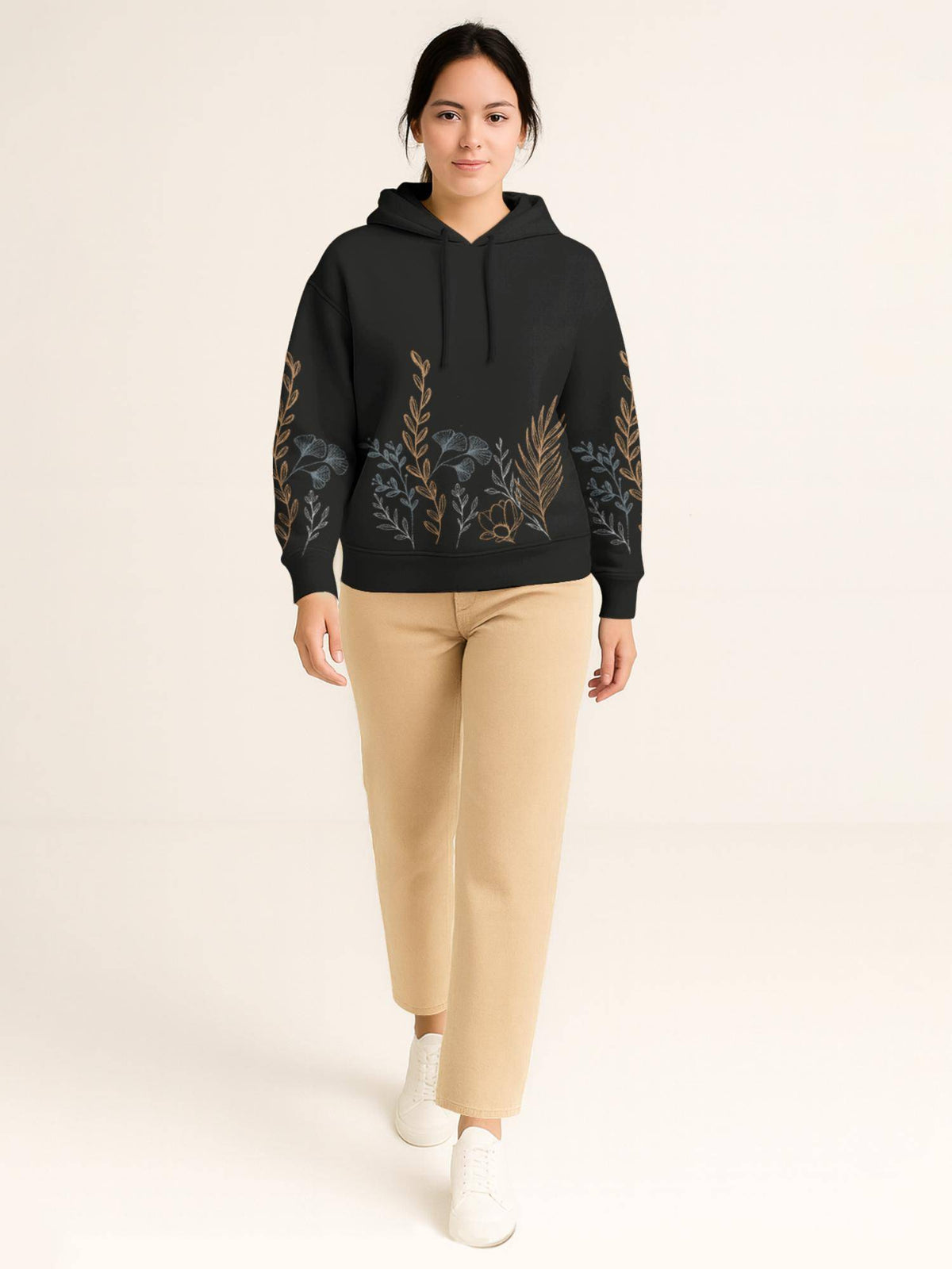 Women Black Cotton Blend Floral Regular Fit Hoodie | SS90 - view 5