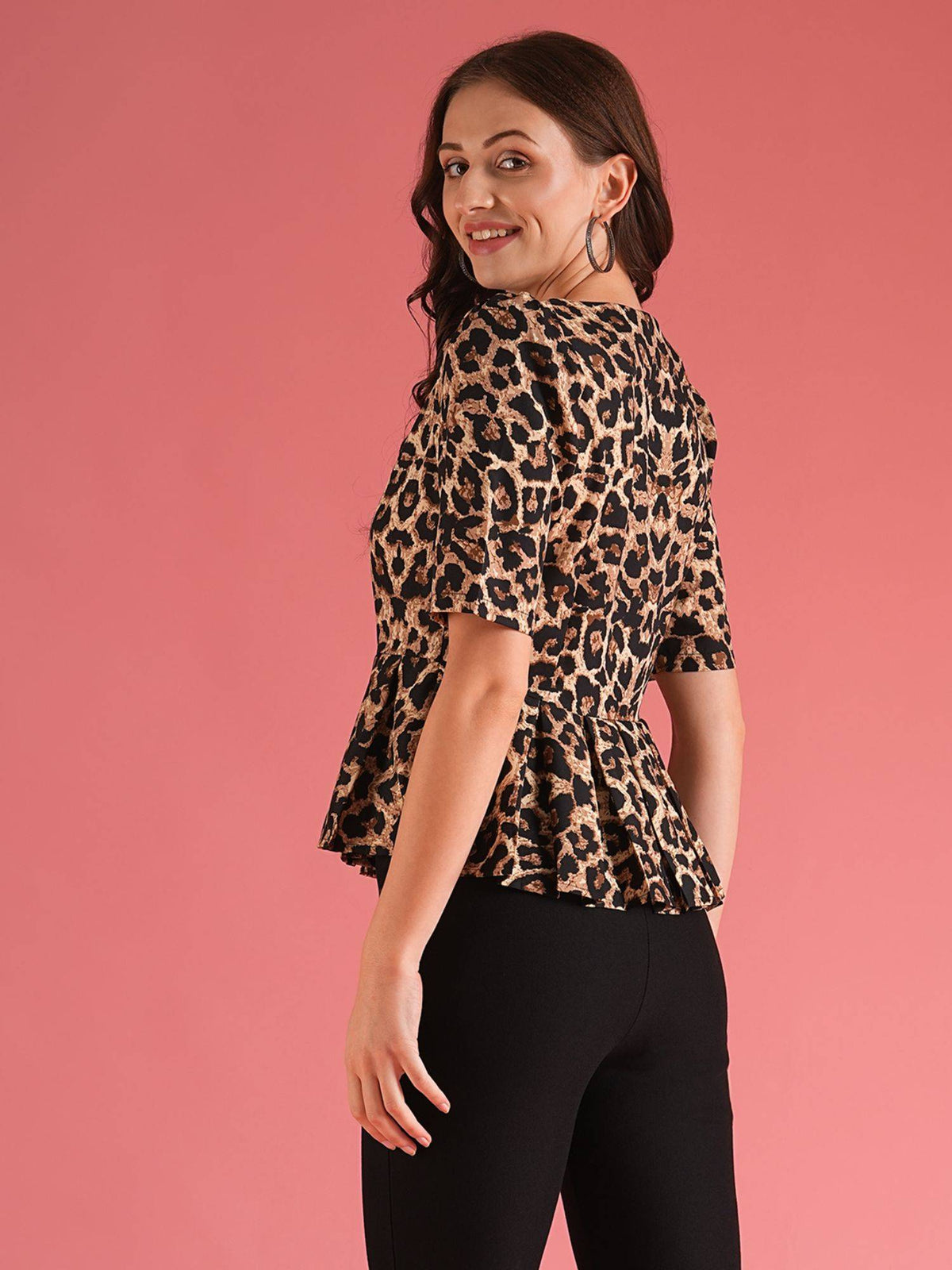 Women Brown Boat Neck Puff Sleeves Animal Print Workwear Peplum Top | pt51 - view 3