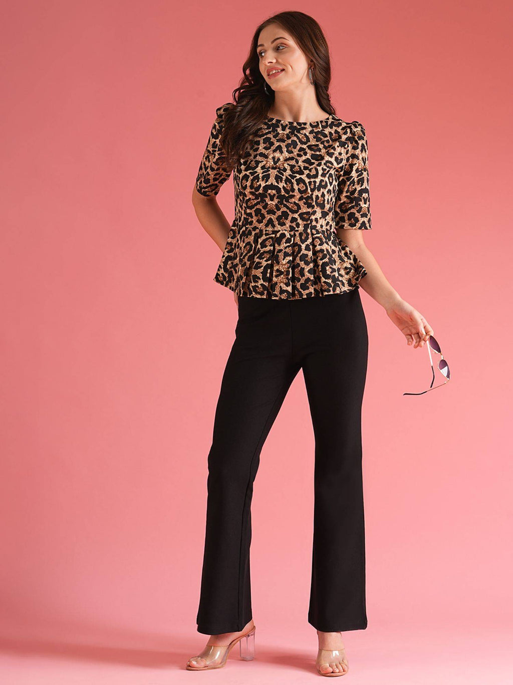 Women Brown Boat Neck Puff Sleeves Animal Print Workwear Peplum Top | pt51 - view 5