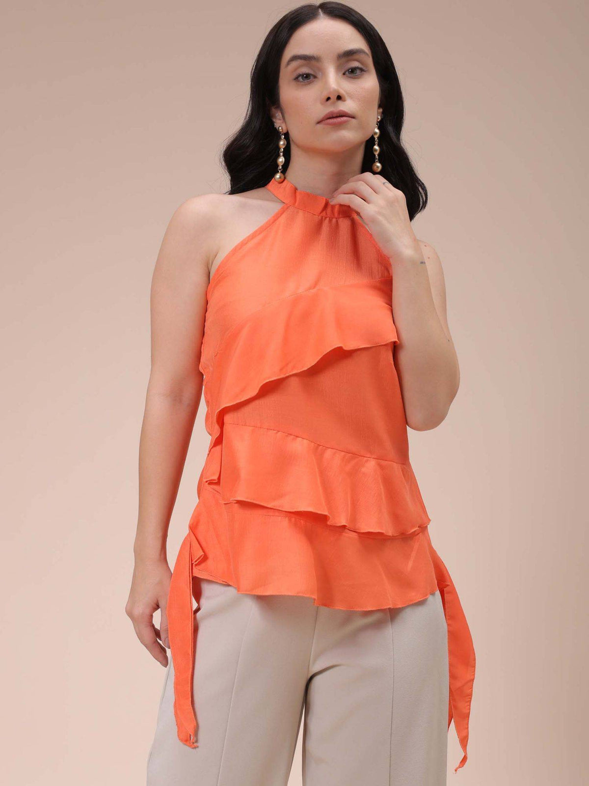 Women Orange Regular Fit Solid Ruffled Top | HT67 - view 1
