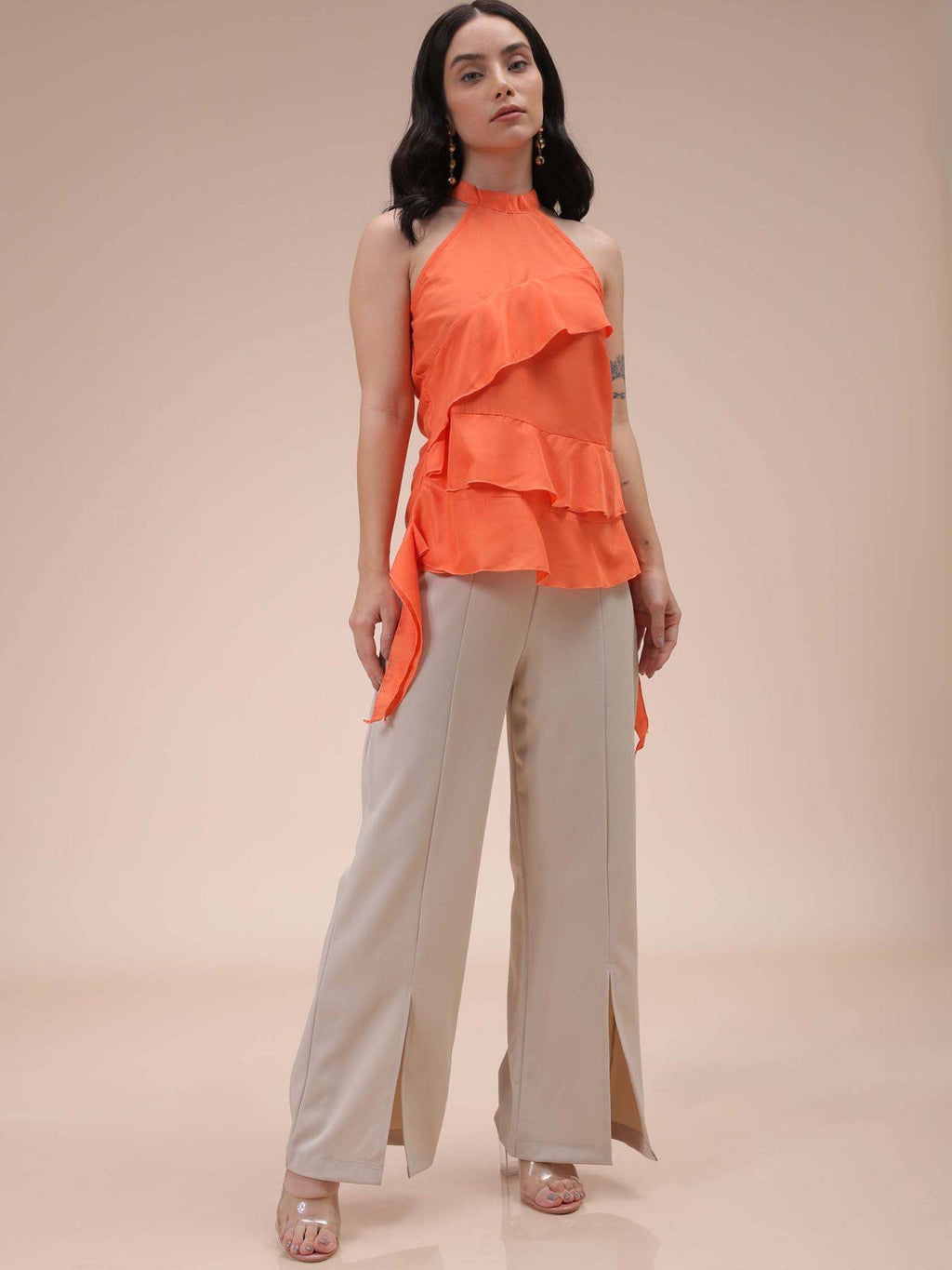 Women Orange Regular Fit Solid Ruffled Top | HT67 - view 2