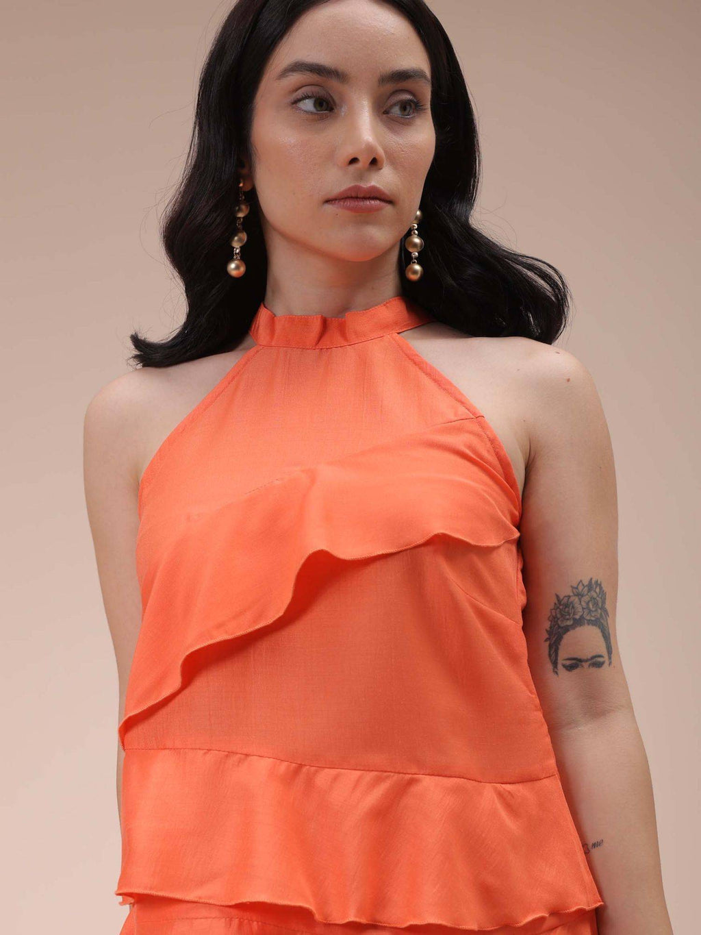 Women Orange Regular Fit Solid Ruffled Top | HT67 - view 4