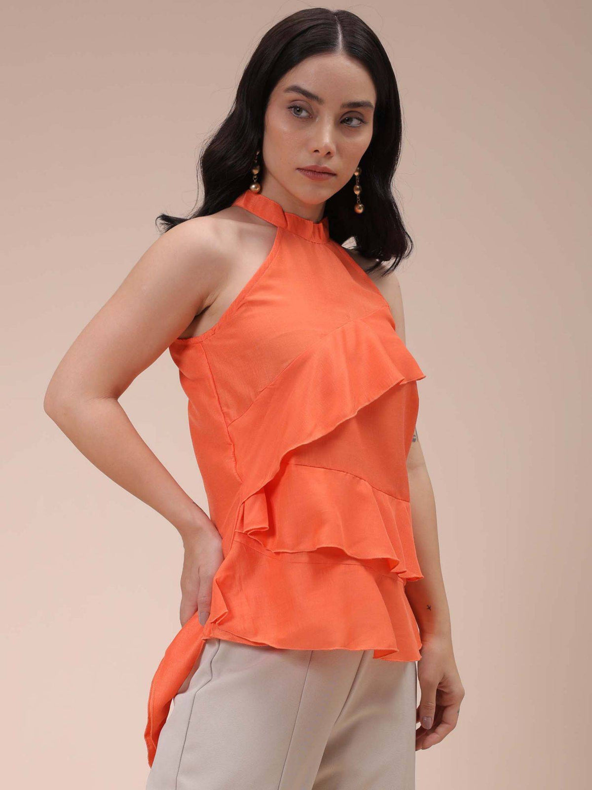 Women Orange Regular Fit Solid Ruffled Top | HT67 - view 5