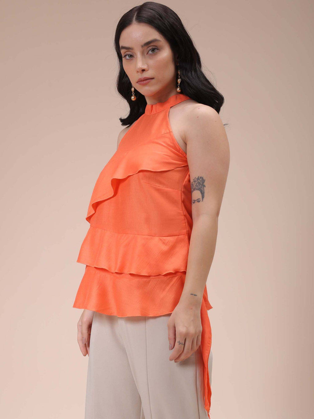 Women Orange Regular Fit Solid Ruffled Top | HT67 - view 6