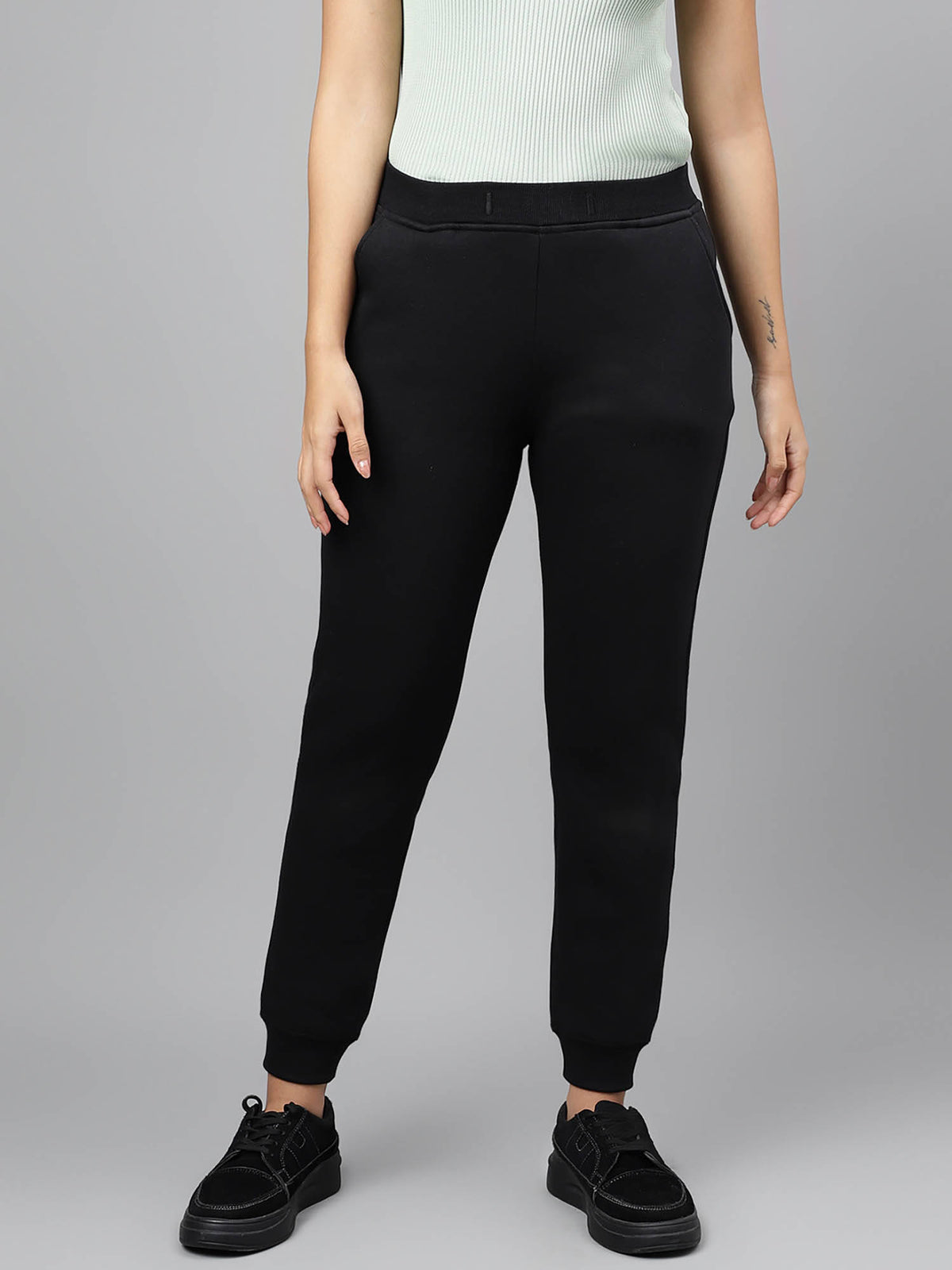 Women Black Solid Cotton High Rise Regular Fit Joggers | WJ89 - view 1
