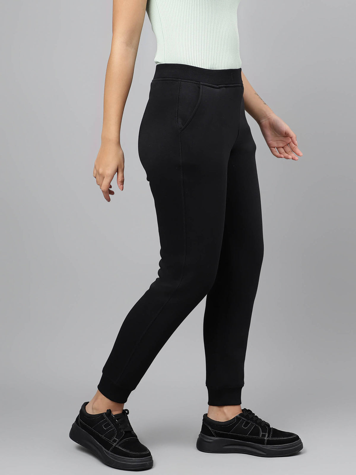 Women Black Solid Cotton High Rise Regular Fit Joggers | WJ89 - view 5